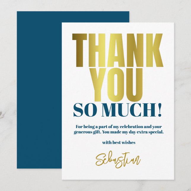 Modern Blue Gold Party Thank You Card (Front/Back)