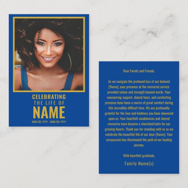 Modern Blue Gold Photo Celebration of Life  Card (Front/Back)