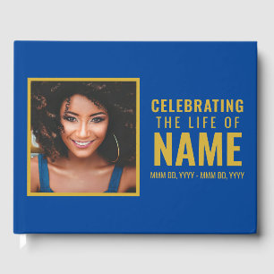Modern Blue Gold Photo Celebration of Life  Guest Book