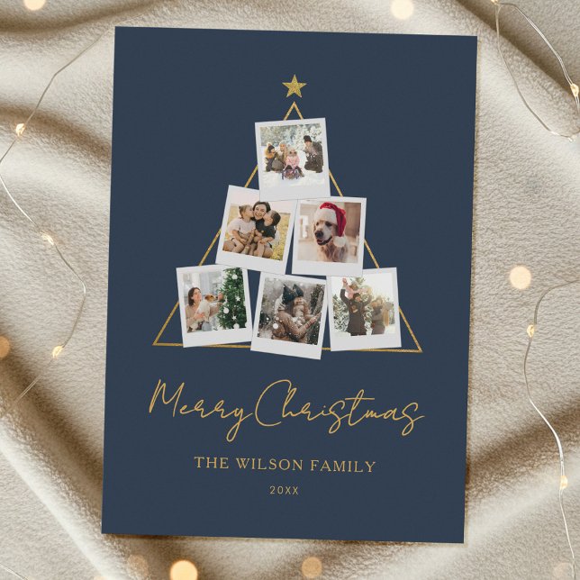Modern Blue Gold Photo Collage Christmas Holiday Card (Creator Uploaded)