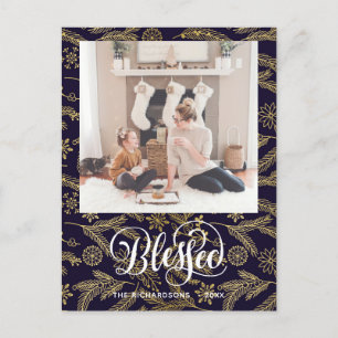 Modern Blue Gold Pine Bough Elegant Script BLESSED Postcard