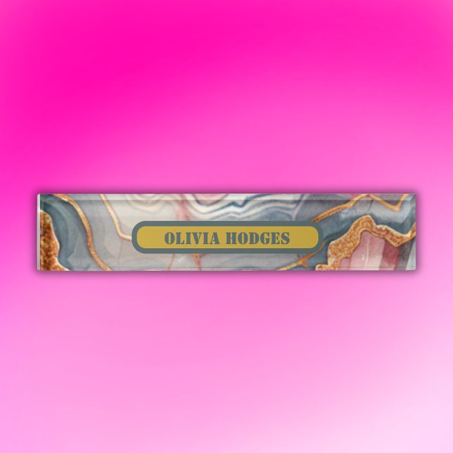 Modern Blue Gold Pink Agate Geode Monogram | Nameplate (Creator Uploaded)