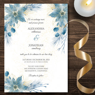 Modern Blue & Gold Poinsettia Wedding  Invitation
