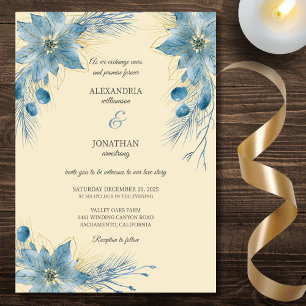 Modern Blue & Gold Poinsettias on Gold Wedding  Invitation