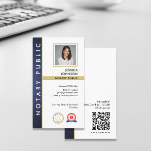 Modern Blue Gold QR Code Photo Notary Public Logo Business Card