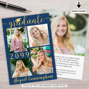 Modern Blue Gold Script 5 Photo Graduate Announcement