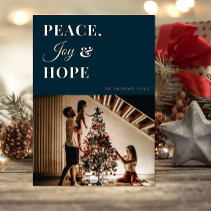 Modern Blue Gold Script Peace Joy Hope Photo Foil Holiday Card
