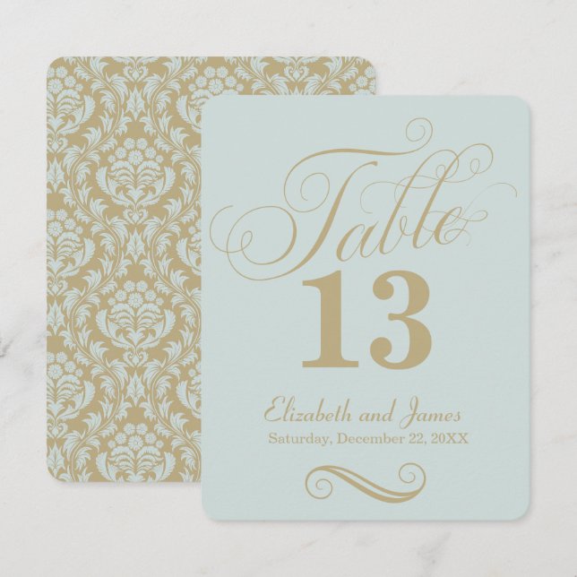 Modern Blue Gold Script Wedding Table Number (Front/Back)