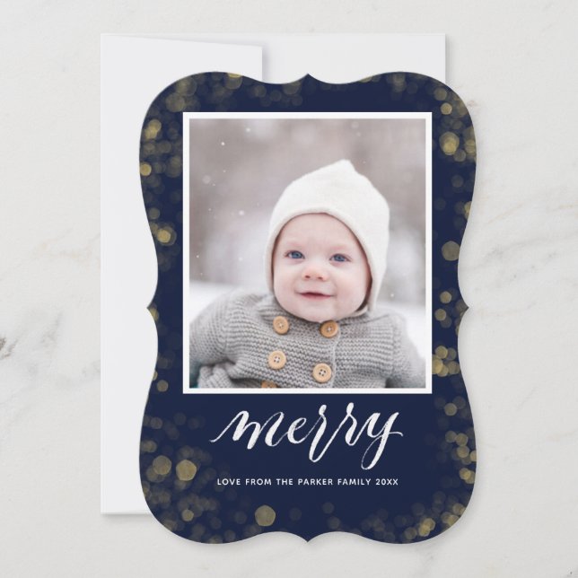 Modern Blue Gold Snowflakes Bokeh Minimalist Photo Holiday Card (Front)