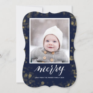 Modern Blue Gold Snowflakes Bokeh Minimalist Photo Holiday Card