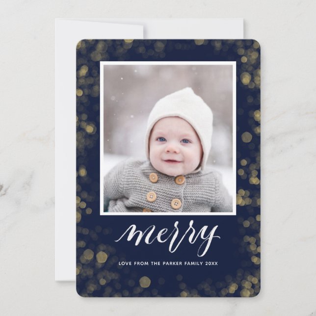 Modern Blue Gold Snowflakes Bokeh Minimalist Photo Holiday Card (Front)