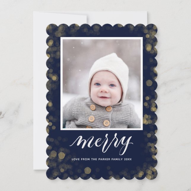 Modern Blue Gold Snowflakes Bokeh Minimalist Photo Holiday Card (Front)