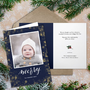 Modern Blue Gold Snowflakes Bokeh Minimalist Photo Holiday Card