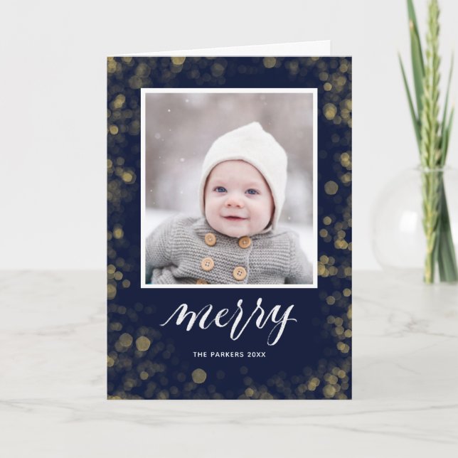 Modern Blue Gold Snowflakes Bokeh Minimalist Photo Holiday Card (Front)