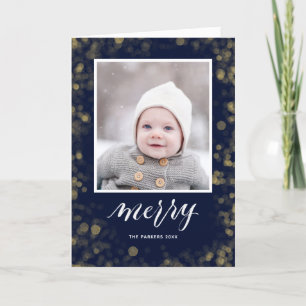 Modern Blue Gold Snowflakes Bokeh Minimalist Photo Holiday Card