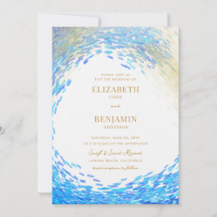Modern Blue Gold Splash Surfer Wave Beach Wedding Invitation