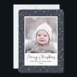 Modern Blue Gold Star Bokeh Overlay Minimalist  Holiday Card<br><div class="desc">Send customisable and personalised holiday greetings to friends, colleagues and family in simple, minimalist, elegant, fun, festive and modern photo cards! A beautiful frame of variety of gold winter stars on navy blue sky background surrounds your photo on round edge paper. The greeting " Merry Christmas " is written in...</div>