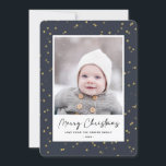 Modern Blue Gold Star Bokeh Overlay Minimalist  Holiday Card<br><div class="desc">Send customisable and personalised holiday greetings to friends, colleagues and family in simple, minimalist, elegant, fun, festive and modern photo cards! A beautiful frame of variety of gold winter stars on navy blue sky background surrounds your photo on round edge paper. The greeting " Merry Christmas " is written in...</div>