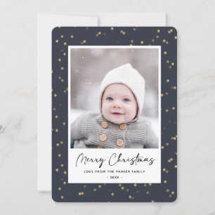 Modern Blue Gold Star Bokeh Overlay Minimalist Holiday Card