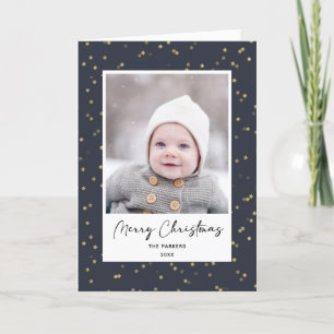 Modern Blue Gold Star Bokeh Overlay Minimalist Holiday Card