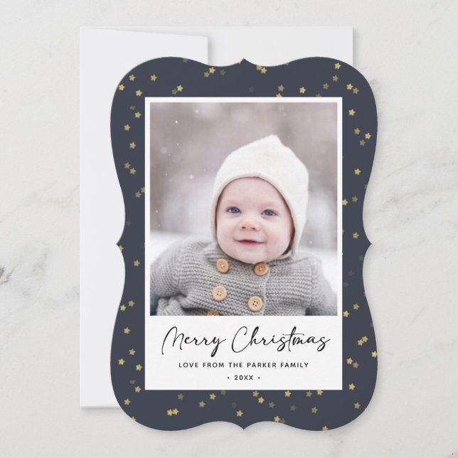 Modern Blue Gold Star Bokeh Overlay Minimalist  Holiday Card (Front)