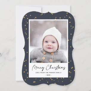 Modern Blue Gold Star Bokeh Overlay Minimalist  Holiday Card