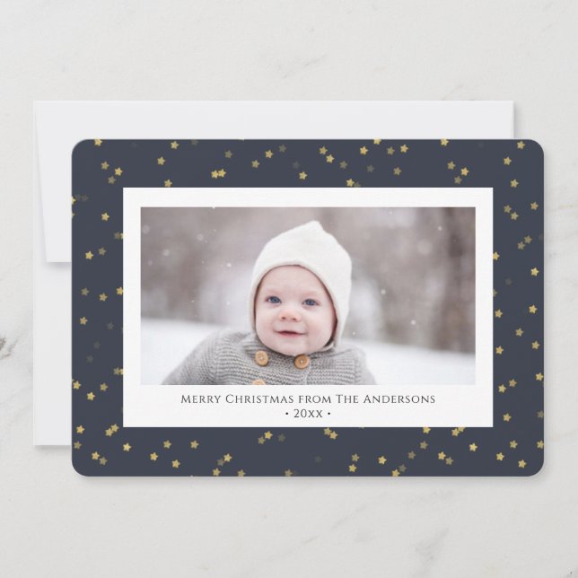 Modern Blue Gold Star Bokeh Overlay Minimalist  Holiday Card (Front)