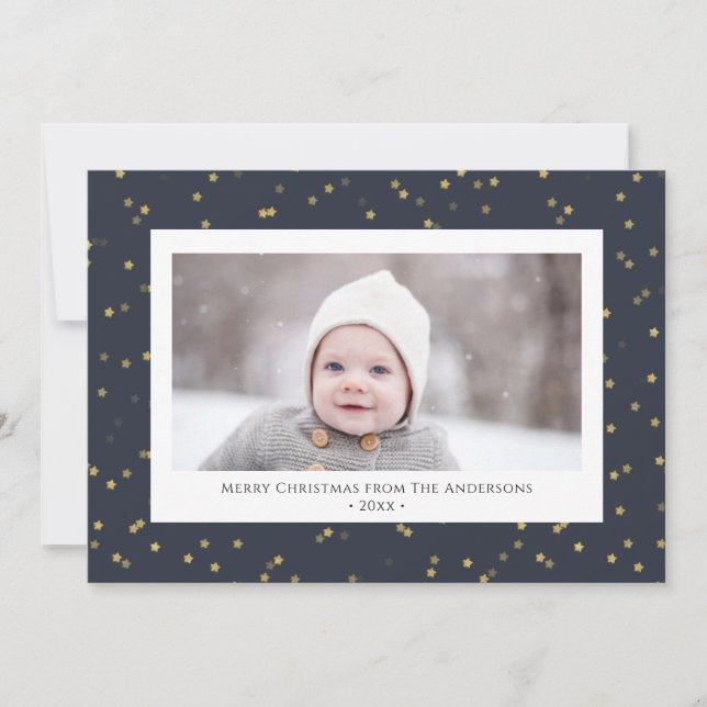 Modern Blue Gold Star Bokeh Overlay Minimalist  Holiday Card (Front)