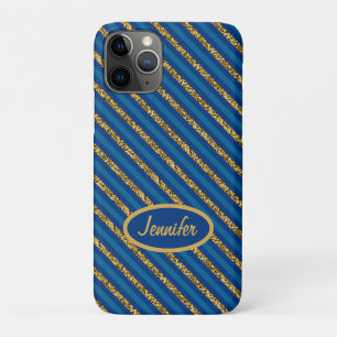 Modern Blue & Gold Stripes Personalise Name iPhone 11 Pro Case
