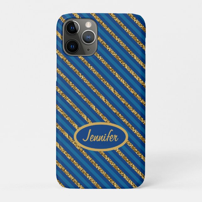 Modern Blue & Gold Stripes Personalise Name Case-Mate iPhone Case (Back)