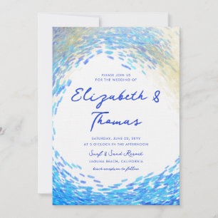 Modern Blue Gold Surfer Wave Elegant Beach Wedding Invitation