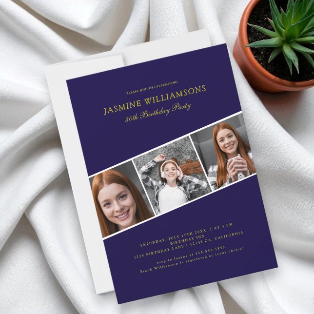 Modern blue gold three photo collage birthday  invitation (Creator Uploaded)