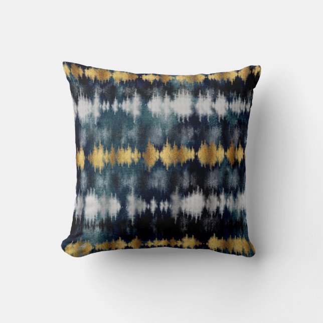 Modern Blue Gold Tie Dye Painting Abstract Cushion (Front)