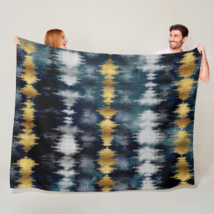 Modern Blue Gold Tie Dye Painting Abstract Fleece Blanket