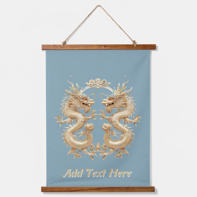 Modern Blue Gold Two-Headed Dragon Hanging Tapestry (Front)
