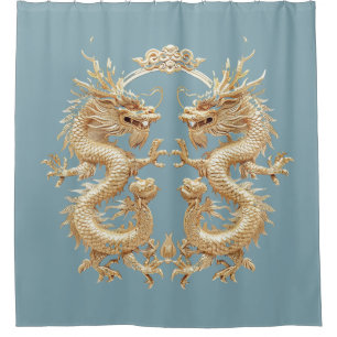 Modern Blue Gold Two-Headed Dragon Shower Curtain