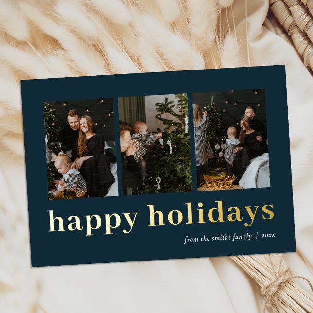 Modern Blue Gold Typography Happy Holidays Photo Foil Holiday Card (Creator Uploaded)