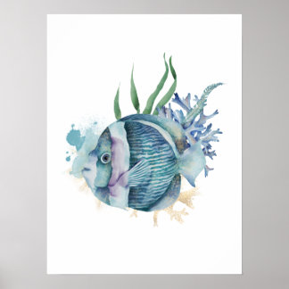 Modern Blue & Gold Watercolor Fish Poster