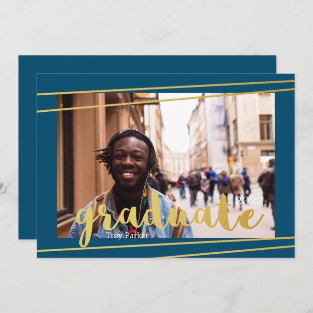 Modern Blue, Gold, & White Graduate Invitations (Front/Back)