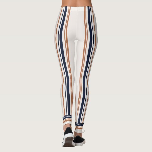 Modern Blue & Gold White Long Stripes   Leggings (Back)