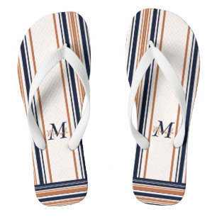 Modern Blue & Gold White Stripes Monogram Flip Flops