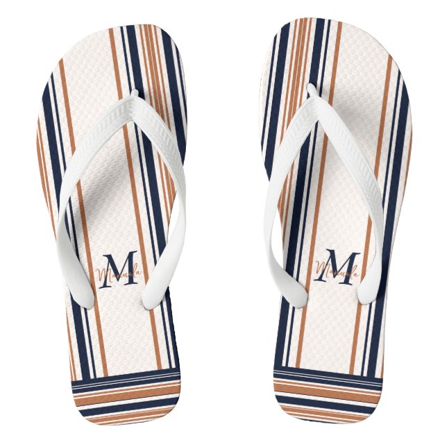 Modern Blue & Gold White Stripes Monogram Flip Flops (Footbed)