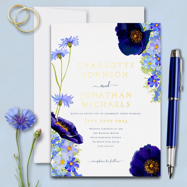 Modern Blue Gold Wildflower Watercolor Wedding (Elegant blue wildflower gold foil typography wedding invitation with watercolor summer florals)