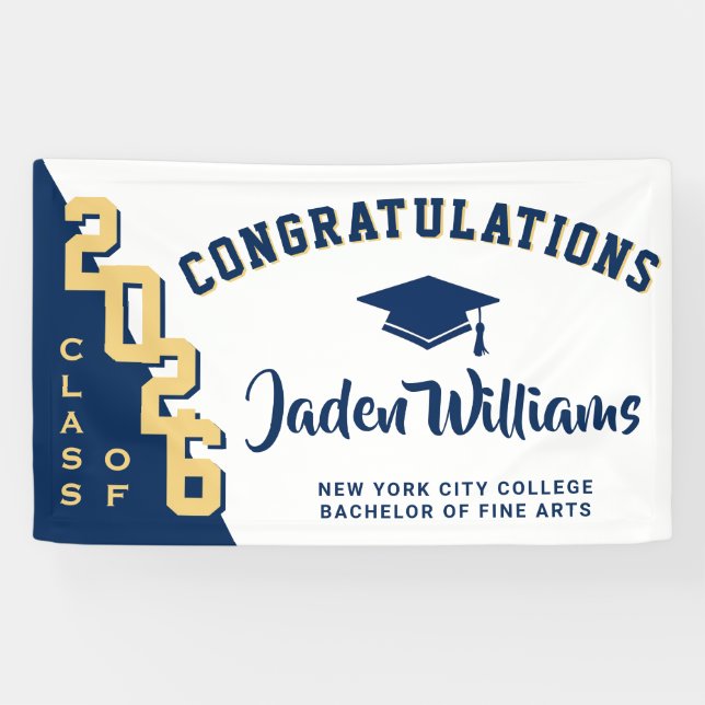 Modern Blue Golden Graduation Class of 2026 Party Banner (Horizontal)