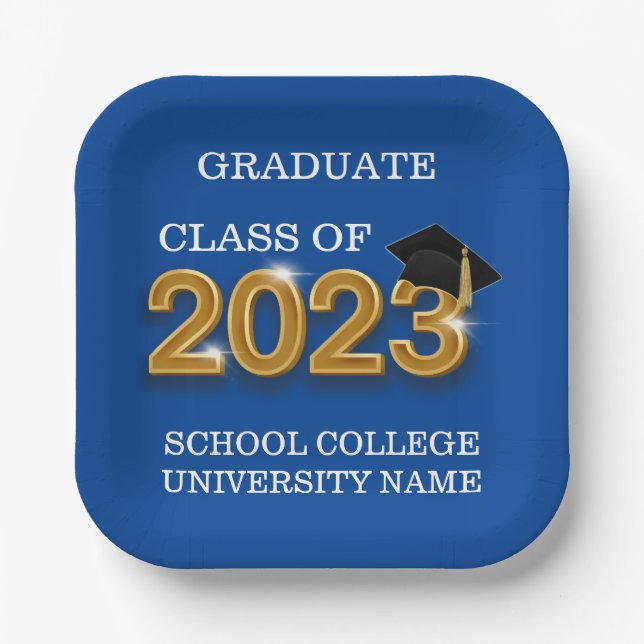Modern Blue Graduate Class of 2023 School Name Paper Plate (Front)