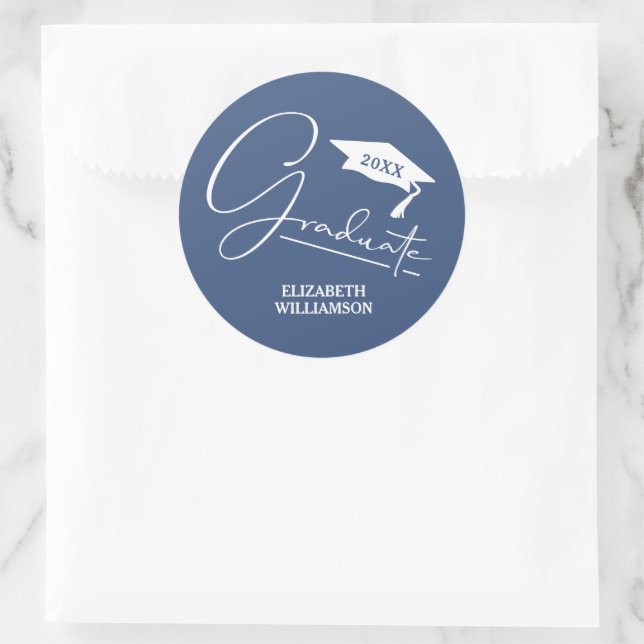 Modern Blue Graduation Party Classic Round Sticker (Bag)