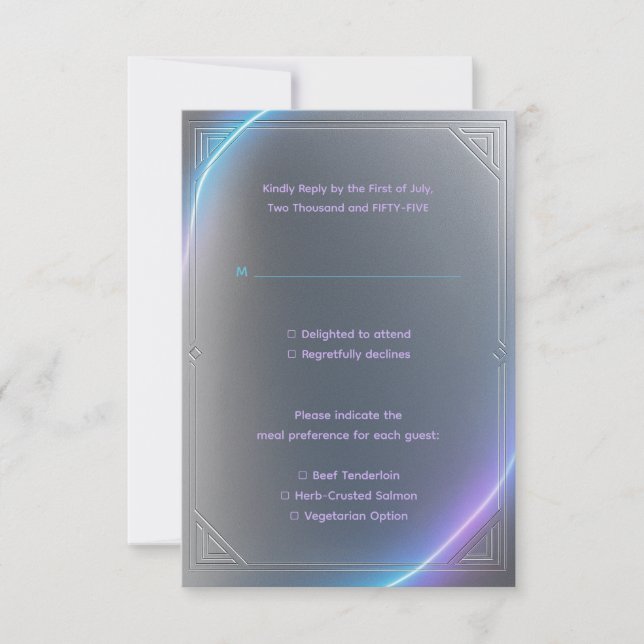 Modern Blue Gray Purple Electric Neon Glow Wedding RSVP Card (Front)