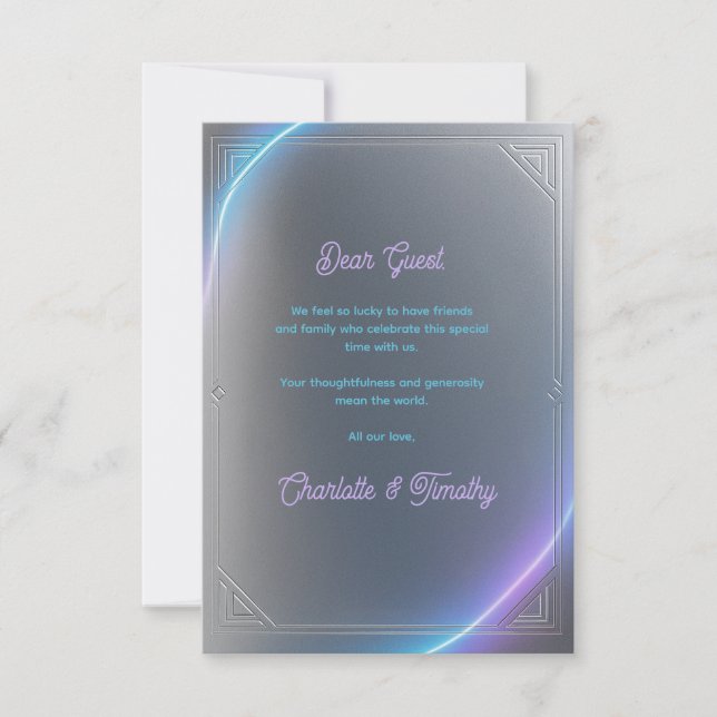 Modern Blue Gray Purple Electric Neon Glow Wedding Thank You Card (Front)