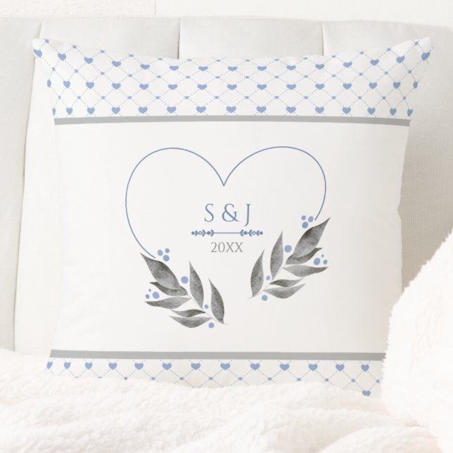 Modern Blue Gray Wedding Couple Initials Year Cushion (This Modern Blue Wedding Pillow is an elegant keepsake for celebrating a couple's journey)
