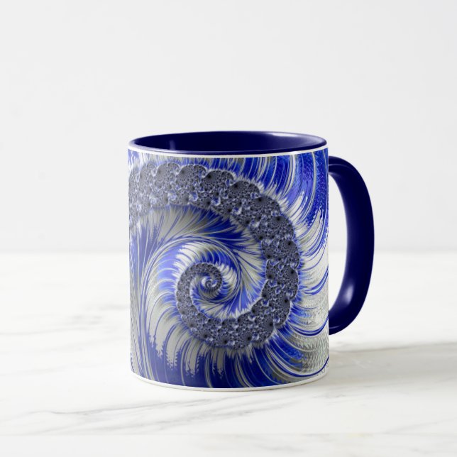 Modern Blue Gray White Spiral Fractal  Mug (Front Right)